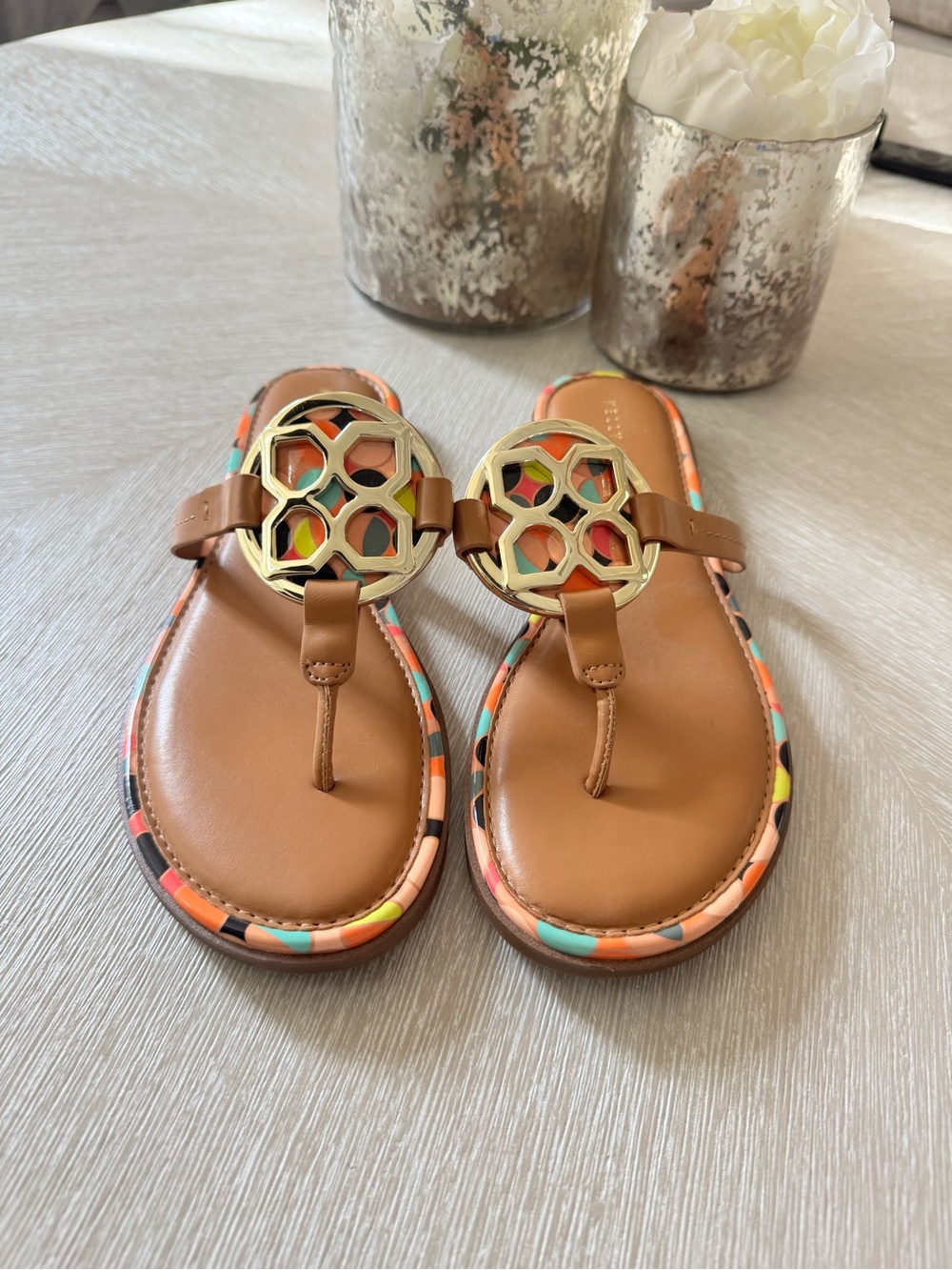 Kelly & Katie Brown Thong Sandals with Gold Medallion and Multicolor Trim